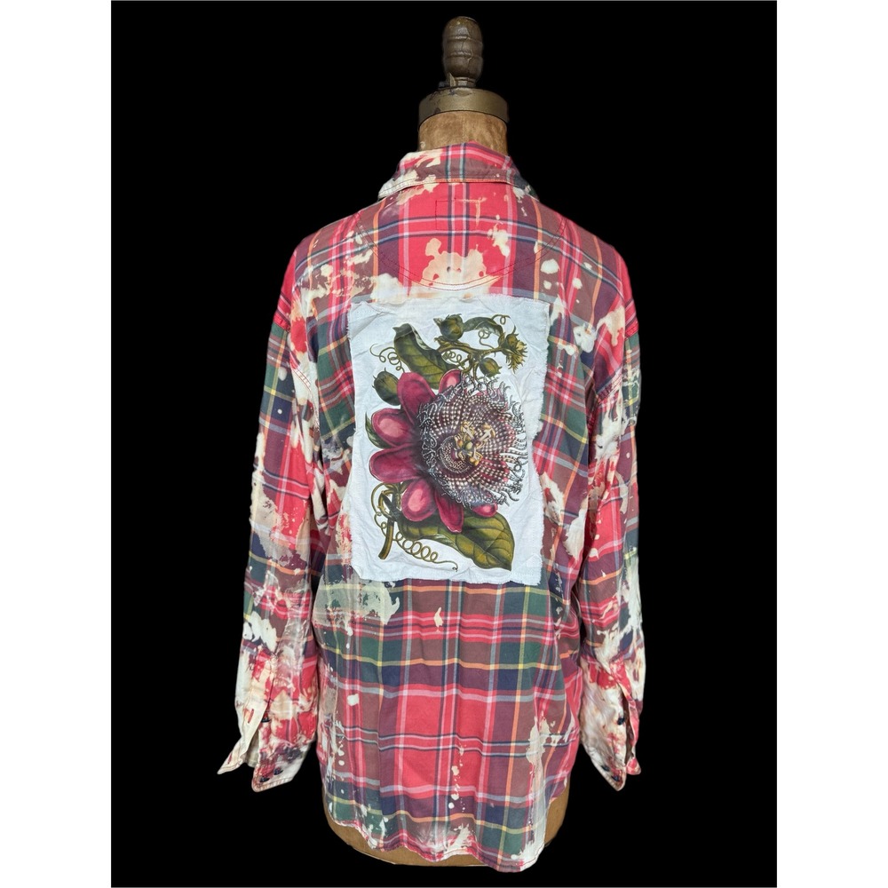 Upcycled Floral Flannel Shirt Rayon Bleach Art Medium Boho - Picture 2 of 8